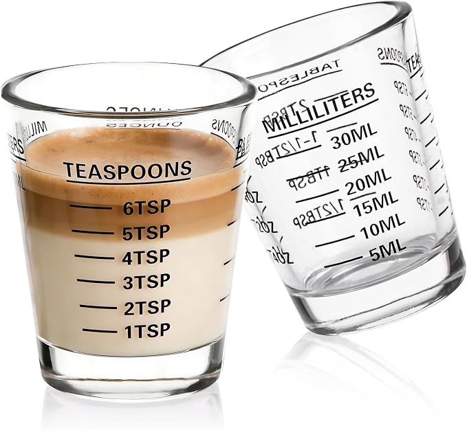 SAIAOKJ Shot Glass Measuring Cup Set, 2 Pack Espresso Shot Glasses (Black) | Glass measuring cups feature 26 markings up to 1 OZ, 2 TBS, 6 TSP, 30 ML for espresso, liquor, medicine and recipes