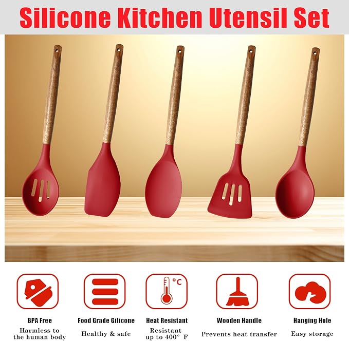 Kitchen Utensils Set, Silicone Cooking Utensils Set,Non-Stick Silicone Spatula Set with Natural Acacia Hard Wood Handle, 5 Piece, Upgraded Thickened Cookware