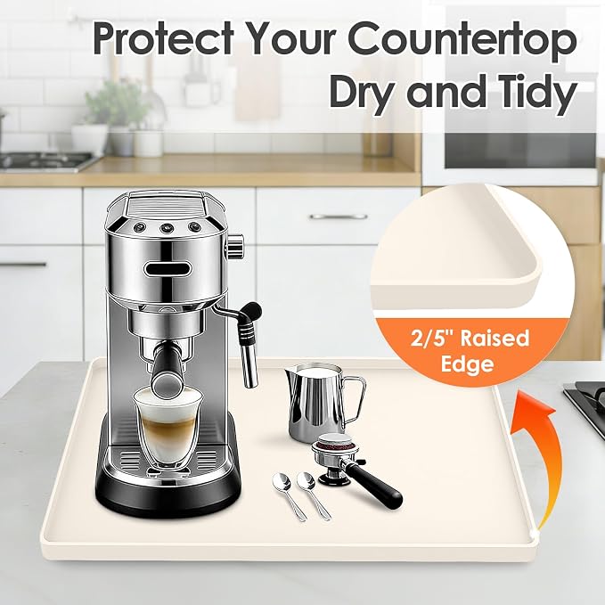 Silicone Coffee Maker Mat with Lip for Countertops 15.7''x11.8''Cream White | Multi leak-proof coffee tray for countertop, non-slip silicone mat fits most coffee makers & espresso machines, wipe-clean