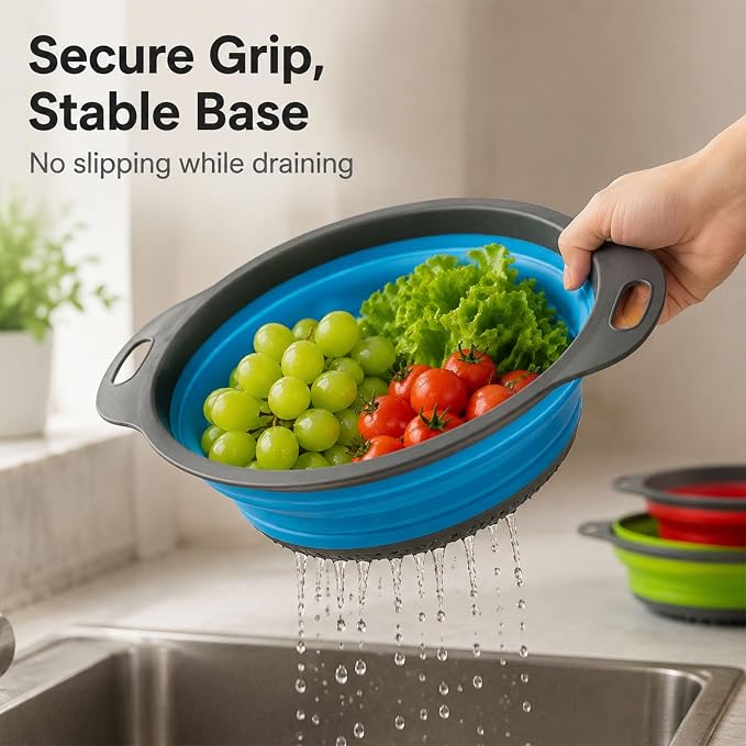 Collapsible Colander Set, 3 Pack Silicone Kitchen Strainer Set, Space Saving Design, Small Round Colander Baskets for Draining Pasta, Vegetable and fruit, (3Qt+4Qt+5Qt)