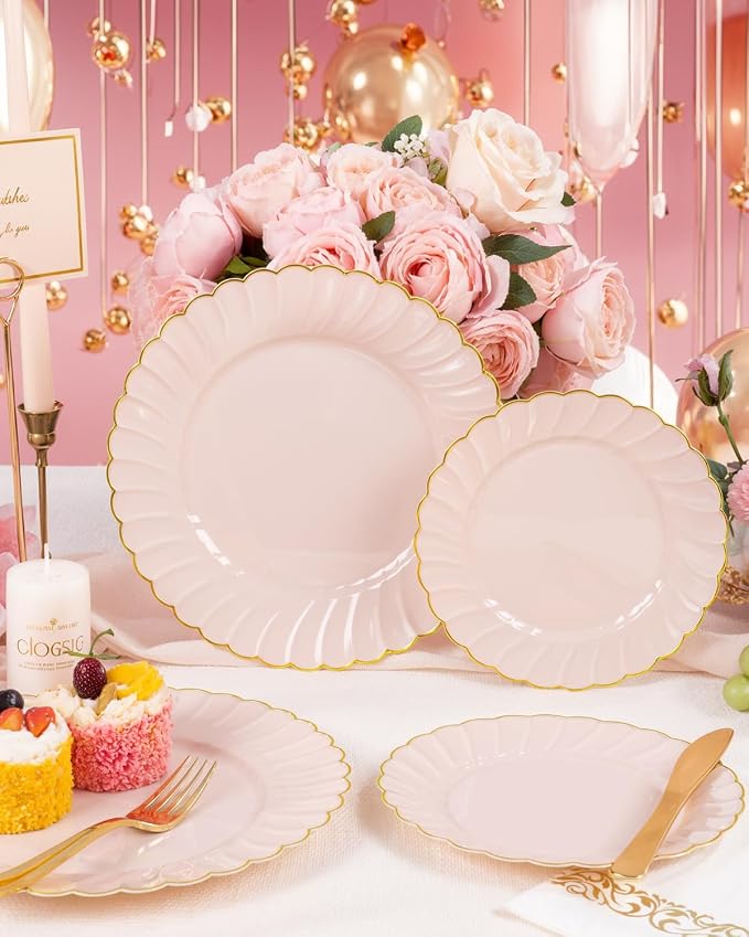 YOUBET 175PCS Pink Scalloped Plastic Plates for Party Wedding Baby Shower | Pink and Gold Disposable Dinnerware Set Include 50 Plates, 75 Gold Silverware, 25 Cups, 25 Napkins