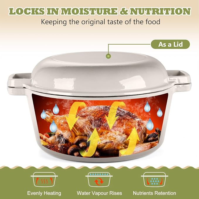 P&P CHEF 2 In 1 Khaki Dutch Oven Pot with Lid for Bread Baking, 5Qt | Cast Iron Bread Dutch Oven, Skillet & Pot for Roasting Braising Stewing Frying Simmering, Multi Stoves & Oven Safe