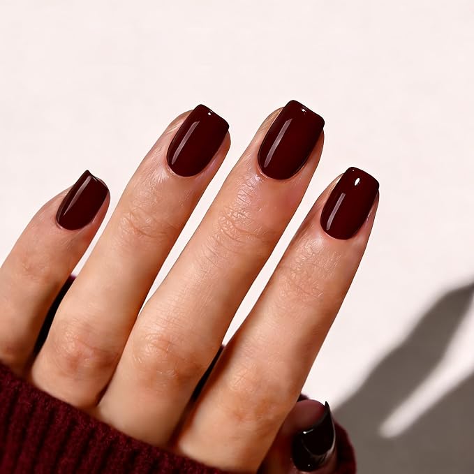 Burgundy Press on Nails Short Square, Dark Red Fake Nails | Short Square Fake Nails,Apply Protective UV coating, Salon Quality Nails in 12 Sizes - 24 Nail Kit with Glue