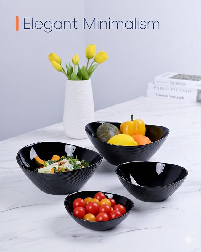 Oval Serving Bowls Set of 4, 15/20/43/66 OZ Black Opal Glass | Lightweight nesting bowls with microwave & dishwasher safe design, ideal for mixing, salad, fruit, pasta, dessert, meal prep