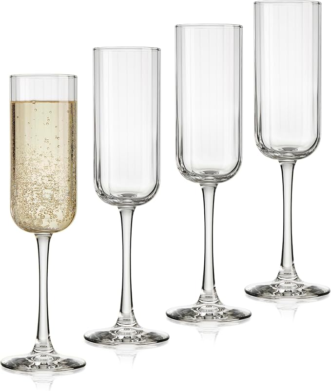 Libbey Paneled Champagne Flute Glasses, 7.5 Oz Fine Ribbed Line Champagne Glasses Set of 4, Dishwasher Safe Clear Glasses for Champagne