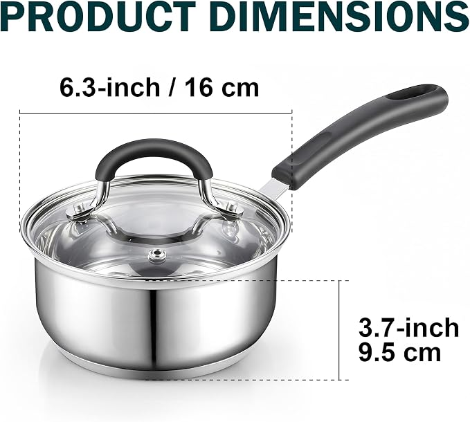 Cook N Home Professional 2 Quart Stainless Steel Saucepan with Lid, Small Kitchen Induction Cooking Sauce Pot Pan, Stay-Cool Silicone Handle, Dishwasher Safe