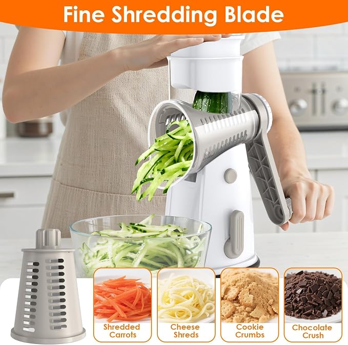MealHelper 5 Blade Rotary Cheese Grater and Vegetable Chopper with Storage Box and Hand Crank, Compact Shredder for Cheeses, Veggies, Nuts - Easy to Use, Non-slip Suction Base,White