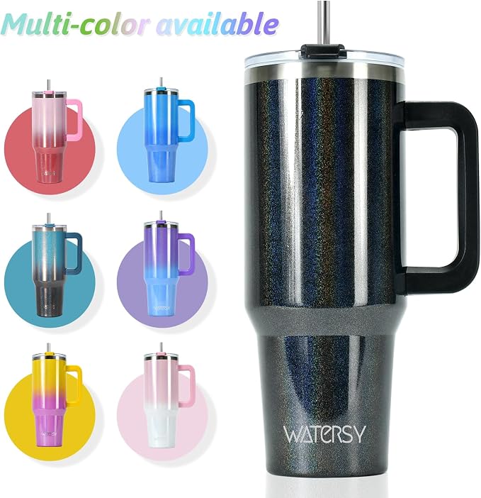 40 oz Shiny Tumbler with Handle and Straw,Stainless Steel Tumbler with Lid and Straw,Insulated Travel Mug(Cold for 34 Hours),Water Bottle for Iced Tea,Coffee (Black)