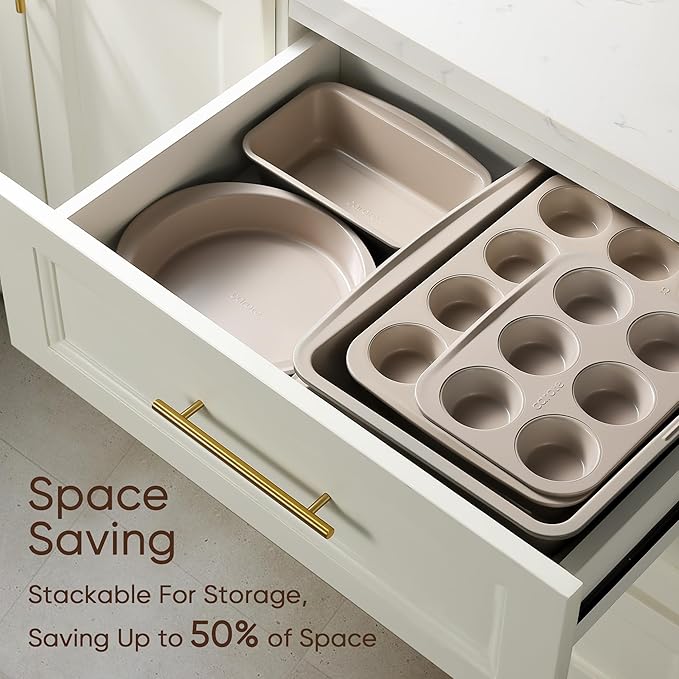 CAROTE 7-Piece Baking Pans Set, Nonstick Bakeware Sets, Gray & Khaki | Cookie Sheets, Muffin, Bread, Cake, Loaf, Roasting Pan, Easy-Release, Oven Safe Up to 446°F, PFAS-Free, Stackable, Home, Gift