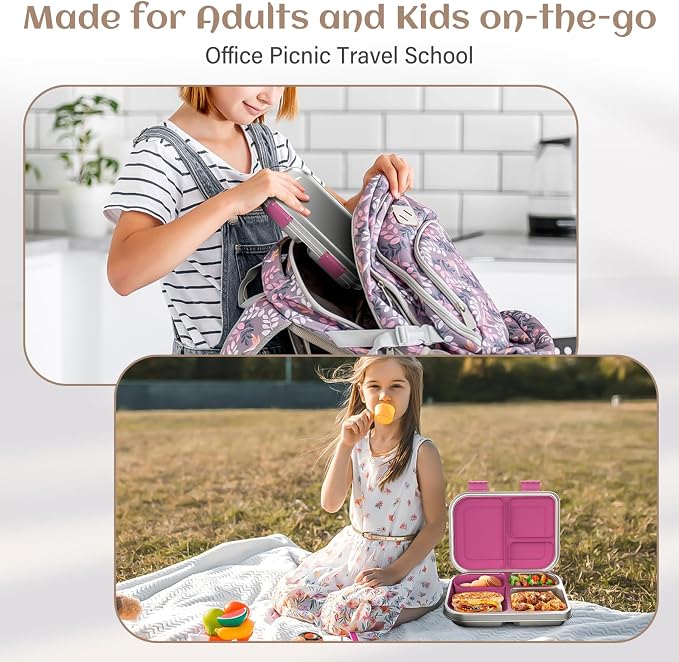 BABHAMNESS Stainless Steel Bento Box Kids, 3 Compartments Leak Proof Metal Bento Lunch Box, 304 Stainless Steel Bento Lunch Containers for School and Office,Dishwasher Safe, BPA-Free-Pink