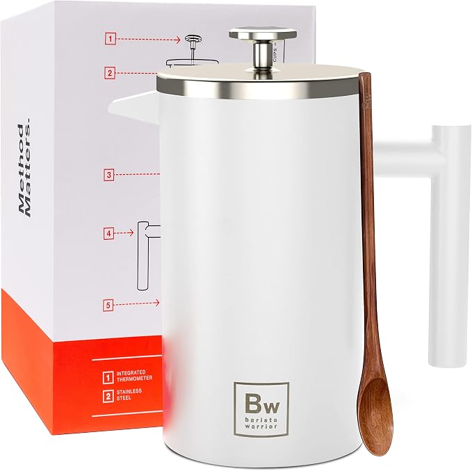 Barista Warrior French Press Coffee Maker - Double-Wall Stainless Steel Insulated French Press with Built-In Thermometer, Dual Filters Coffee Maker with Wooden Spoon - White