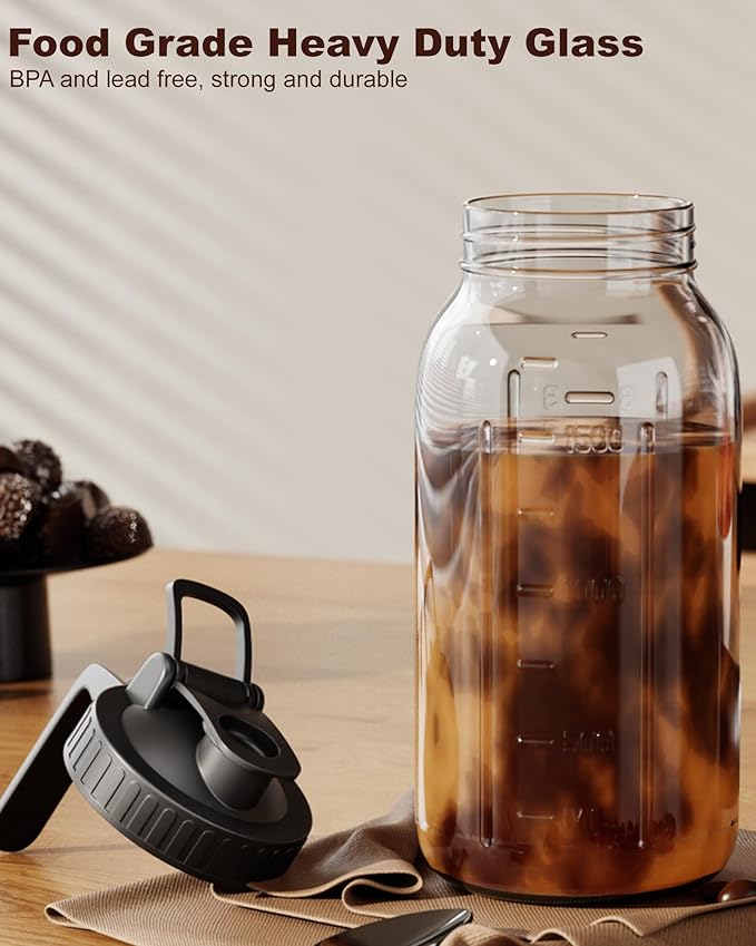 64 oz Cold Brew Coffee Maker, Mason Jar Pitcher with 304 SS Filter | 100μm Fine Mesh, Stainless Steel Filter, Airtight, Leakproof, Pour Flip Spout, Ergonomic Handle, Wide Mouth, Heavy-Duty Glass