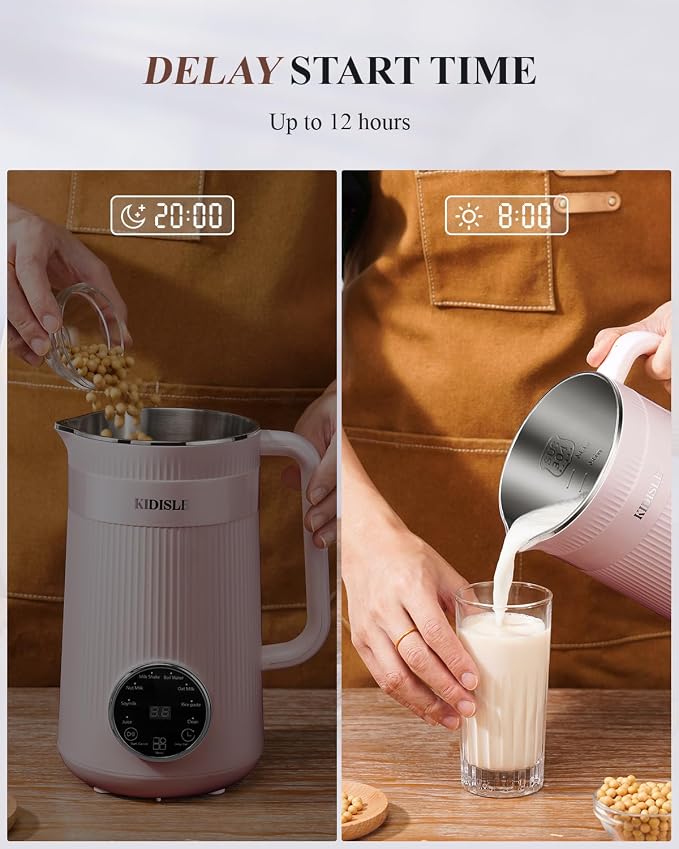 KIDISLE 8 in 1 Nut Milk Maker Machine, 32oz Self-Cleaning Automatic Blender | Almond, Soy, Oat, Coconut, Rice Paste & Juice, No Soaking, 12H Delay Start + Keep Warm, Boil Water, Fresh Homemade