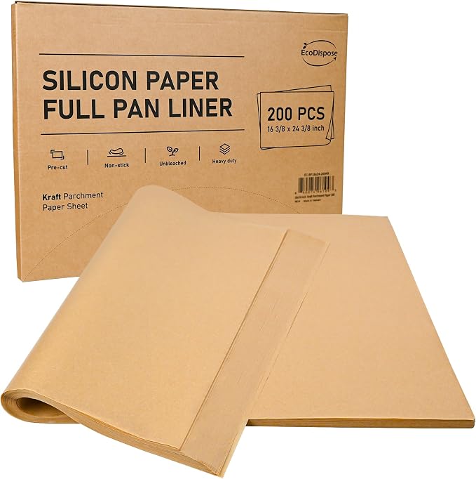 EcoDispose 200 Pcs Non-Stick Parchment Paper Baking Sheets 16-3/8"x24-3/8" | Unbleached, Pre-Cut, Heavy Duty, Greaseproof, Full Pan liner for Bake