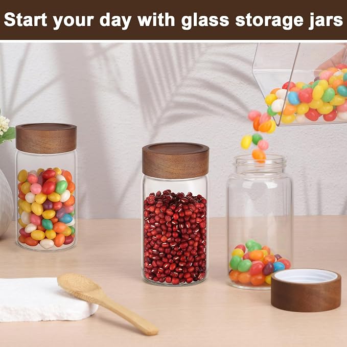 Coffee Jars Set of 4, Clear 9oz 270ml Glass Mason Jars with Wood Lids, Airtight Screw Top Glass Canister, Kitchen Sugar Containers for Pantry Storage, Spice, Tea, Candy, Oats, Beans, Seasoning