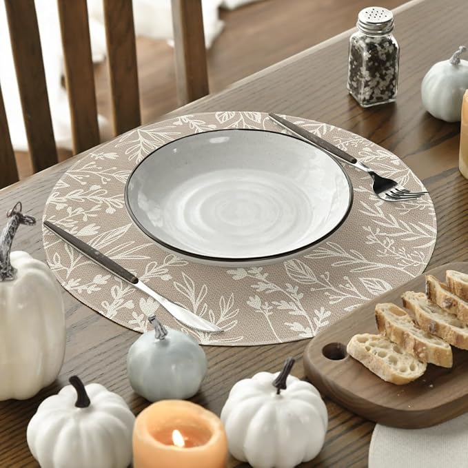 Artoid Mode Beige Eucalyptus Leaves Round Fall Placemats Set of 4-14 Inch | Heat-Resistant, Washable Table Mats, Seasonal Autumn Kitchen Dining Decor
