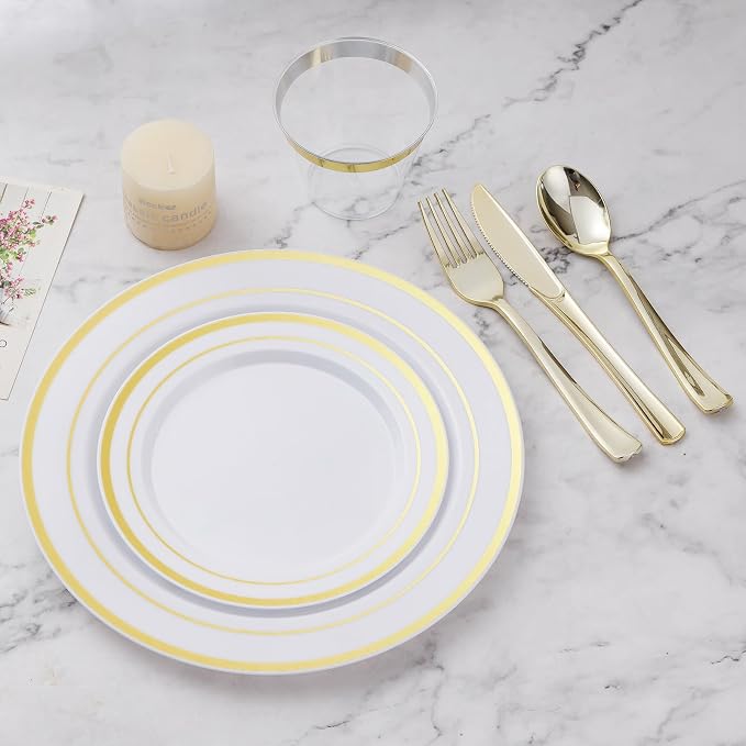 BESTVIP 600PCS Gold Dinnerware Set for 100 Guests, Plastic Plates for Party, 100 Gold Disposable Plates, 100 Dessert Plates, 100 Cups, 100 Spoons, 100 Forks and 100 Knives | for Party, 100 Gold Disposable Plates, 100 Dessert Plates, 100 Cups, 100 Spoon...