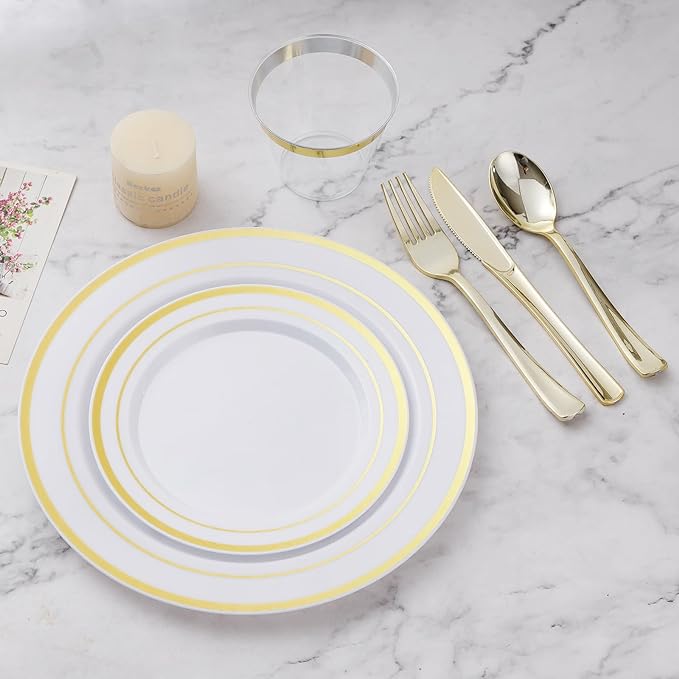 BESTVIP 150PCS Plastic Dinnerware Set, Gold Disposable Plates | for Party, Wedding, Christmas, Includes: Dinner Plates, Dessert Plates, Cups, Spoons, Forks and Knives(25 Guests)