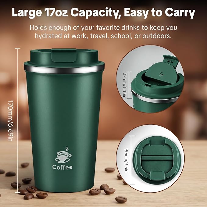 17oz Travel Coffee Mug ,Leakproof Vacuum Coffee Cup Insulated Tumbler | 304 Stainless Steel, Double-Wall Vacuum Insulated, Leakproof, Fits Hot & Cold Drinks Car Cup Holders, Travel, Office