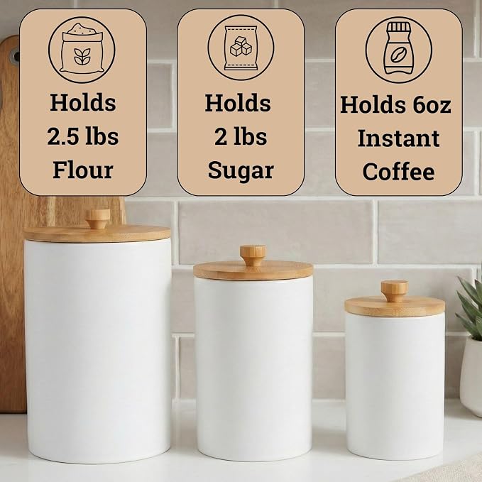 Ceramic Kitchen Canisters for Countertop Set of 3 w/ Airtight Bamboo Lids | Thick Sturdy Ceramic, Matte Finish, Airtight Easy Open Bamboo Lids, Comfortable Bamboo Handles, Jar Volumes: 2, 1, 0.5 quarts