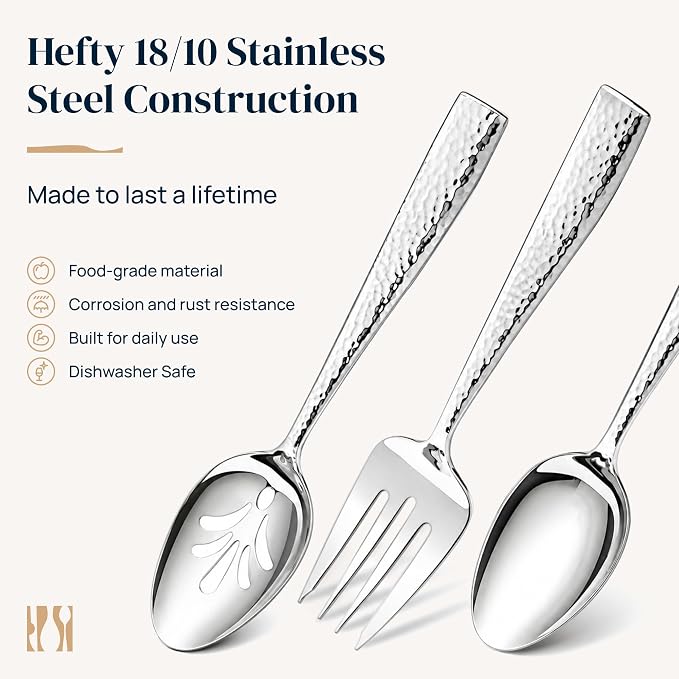 Hudson Essentials Hammered 18/10 Stainless Steel Hostess Serving Utensil Set, 8-Piece Set with Cake Knife, Cake Server and Lasagna Pie Server, Dishwasher Safe