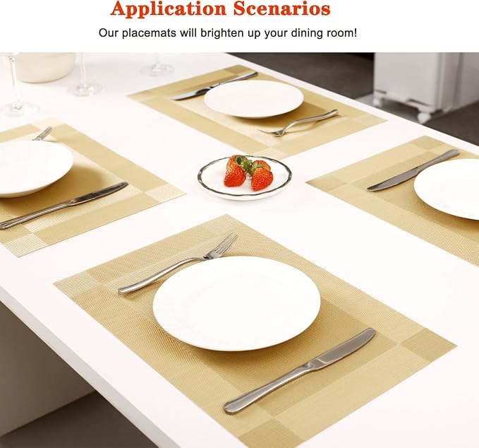 Gold Vinyl Placemats Set of 8,Washable Dining PVC Table Mats | Heat resistant, stain resistant non slip vinyl place mats, washable gold table placemats for dining table