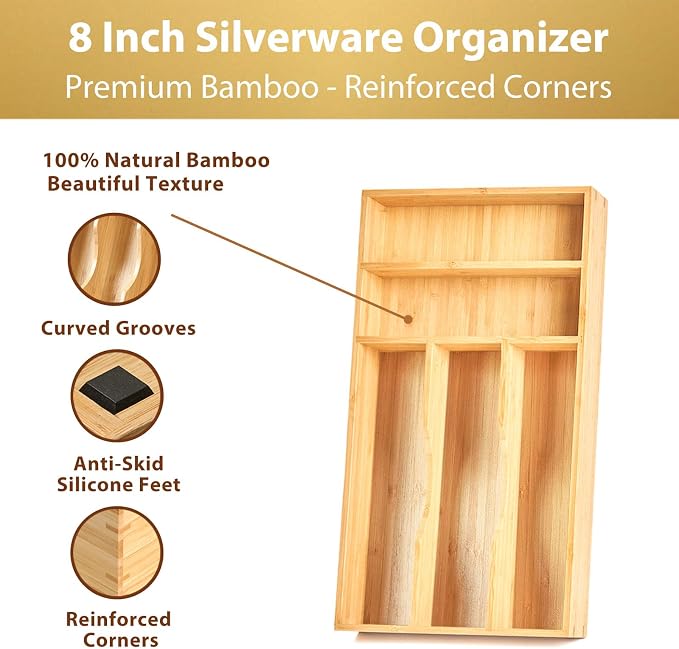 Bamboo Kitchen Drawer Organizer, 8 Inch Silverware Utensils Tray Holder for Small Drawer, Wood Caddy for Flatware Cutlery Knives