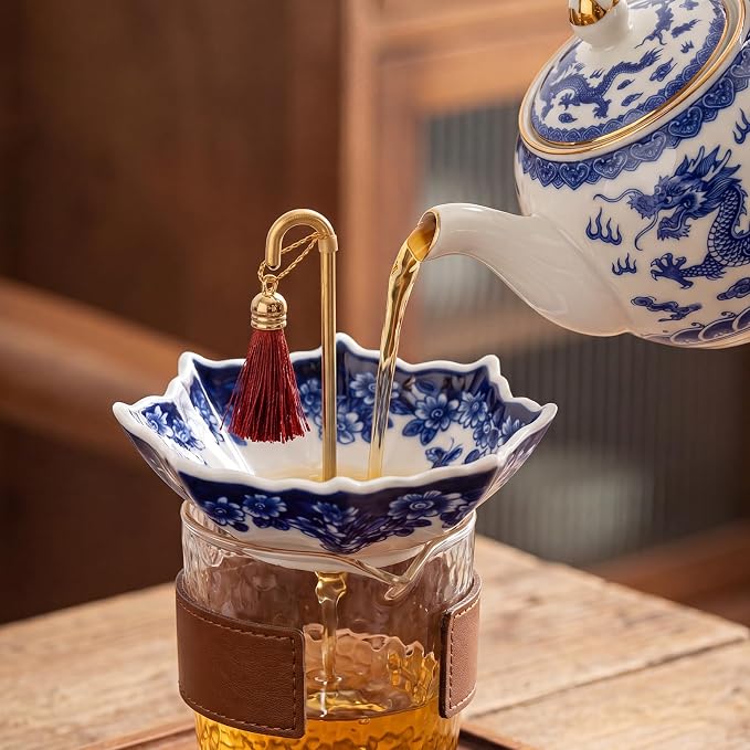 Umbrella Tea Strainer Chinese Blue and White Porcelain Strainer Umbrella Shape Ceramic Tea Infuser with Rotating Design Multi Purpose Infuser for Kung Fu, Coffee, Brewing