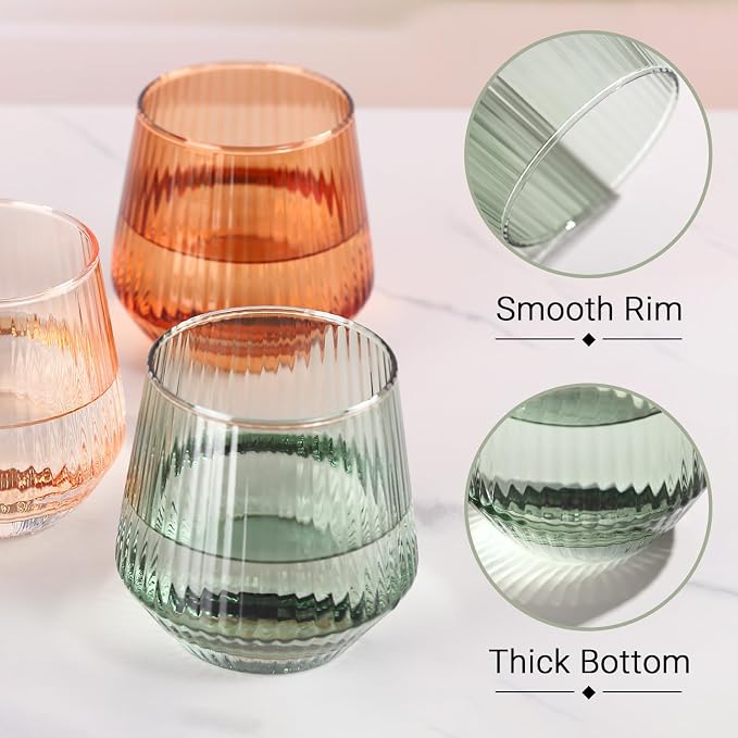 Colored Stemless Wine Glasses Set of 6, 12.5 Oz Ribbed Wine Glass,Coloful Drinking Glasses for Water, Cocktails, Champagne ,Ideal Gifts for Weddings, Bars, Christmas, Halloween,Party, Daily Use