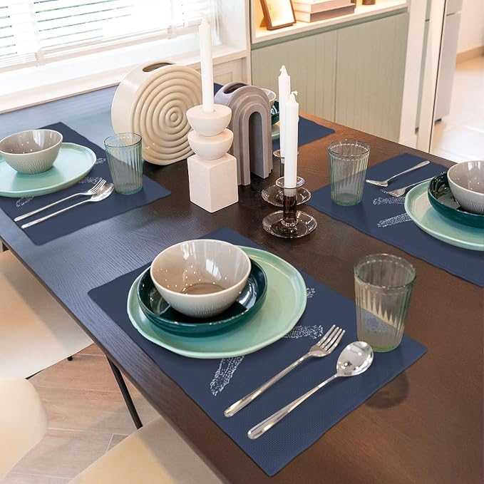 Summer Coastal Placemats Set of 4, Beach Theme Ocean Navy Blue Starfish Decorative Table Mat 12 x 18 Inch Heat Resistant Non Slip Line Fabric Nautical Place mat for Dining Table