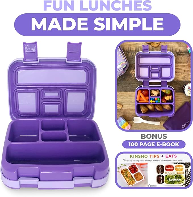 kinsho Bento Lunch Box Container for Kids, Girls Age 3 to 5, Purple Unicorn | 5 Portion Sections, BPA-Free Spill-Proof Leakproof Removable Plastic Tray, Snacks and Lunches for Toddlers Pre-School Daycare