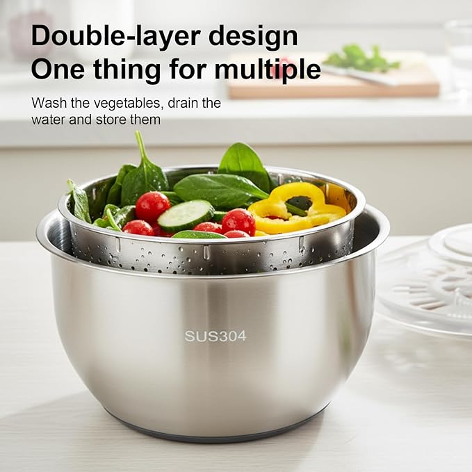 Stainless Steel Salad Spinner, Lettuce Spinner with Drain, fruit washer 6 QT with PP Cover Non-Slip Base, 3-in-1 Vegetable Wash Bowl for Dehydrating Lettuce, Fruits and Vegetables, Pasta