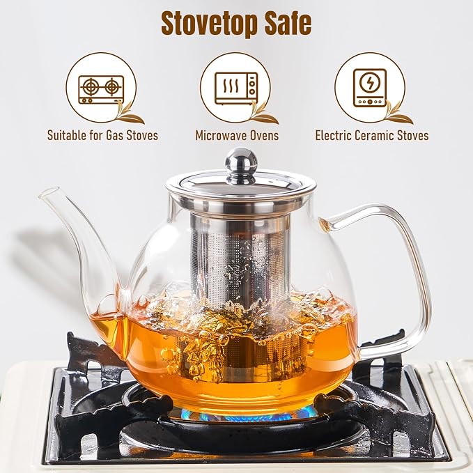 PARACITY Glass Teapot with Infuser, 34 oz Stovetop Tea Kettle, Long Spout | Borosilicate body and removable 18/8 stainless steel strainer brew blooming or loose leaf blends at home, camping or travel