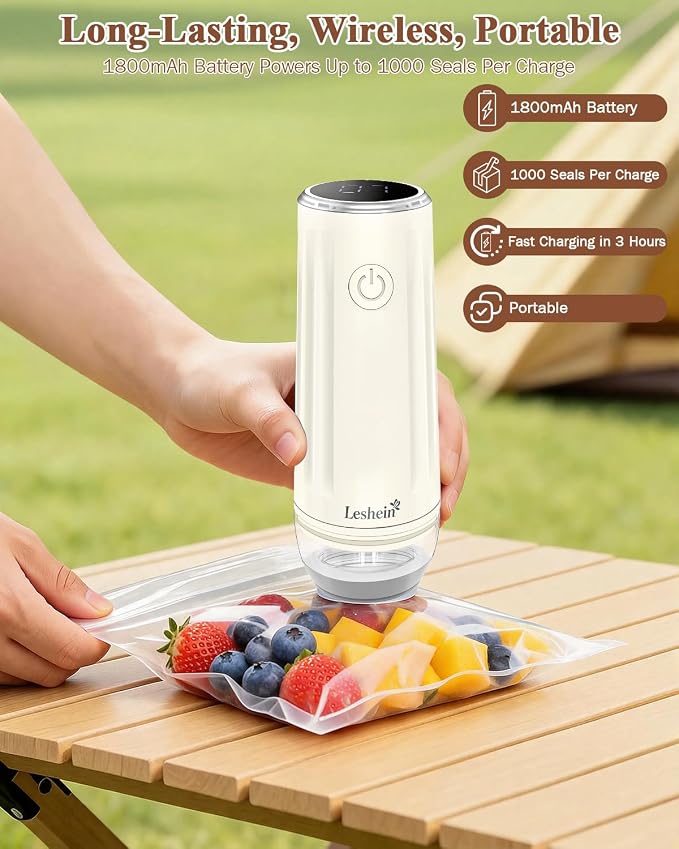 Leshein Compact Vacuum Sealer for Food, Portable Mason Jar Vacuum Sealer | With Bags And Mason Lids, Built-in UV Light, Auto Stop, Quick Sealing Speed, Smart Display, Easy to Clean, Long Lasting