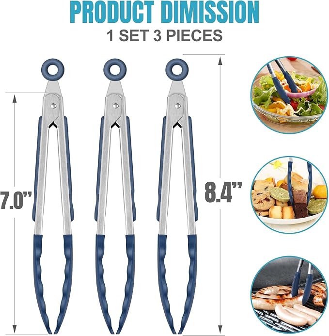 Hotec Mini Silicone Kitchen Tongs for Cooking - 7-Inch Small Serving Tongs with Silicone Tips, Set of 3 (Classic Blue)