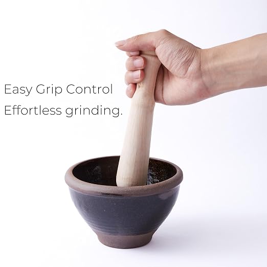 Thai Mortar and Pestle Set, Clay Bowl with Wooden Pestle | Small Traditional Set For Papaya Salad, Curry Paste, Herbs, Spices And Thai-Style Food Preparation