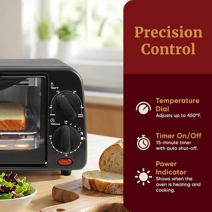 Elite Gourmet ETO236 Compact 2-Slice Toaster Oven, 15-Min Timer, Black | Bake, Broil, Toast & Adjustable Temperature, Countertop Design - fits small kitchens, dorms and RVs