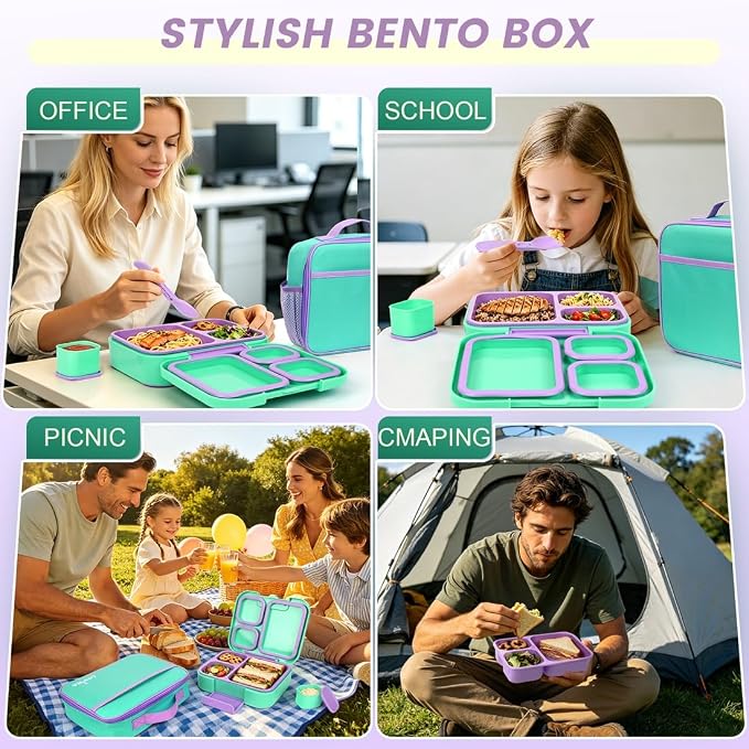 LOVINA Bento Lunch Box Set For Kids Adult With Thermo Bag, BPA-Free | 36OZ Leak-Proof Lunch Box Kids Kit, All-in-One Kit with DIY Stickers Sauce Cup for Work, School, Dining Out(Aqua Green)