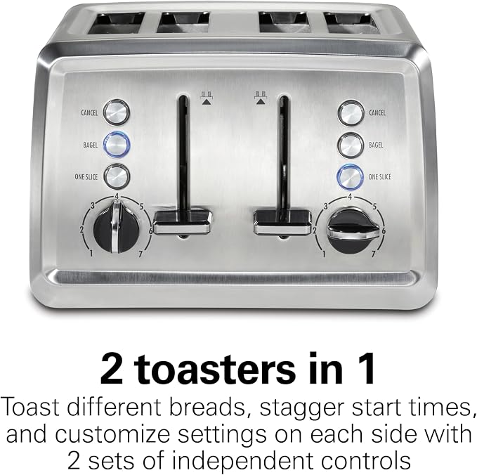 Hamilton Beach 4 Slice Toaster with Extra-Wide Slots, Bagel Setting, Toast Boost, Slide-Out Crumb Tray, Auto-Shutoff & Cancel Button, Stainless Steel (24798) | Browning Control With 7 Shades | Auto Shutoff | Bagel & Cancel Buttons | Toast Boost | Wide ...