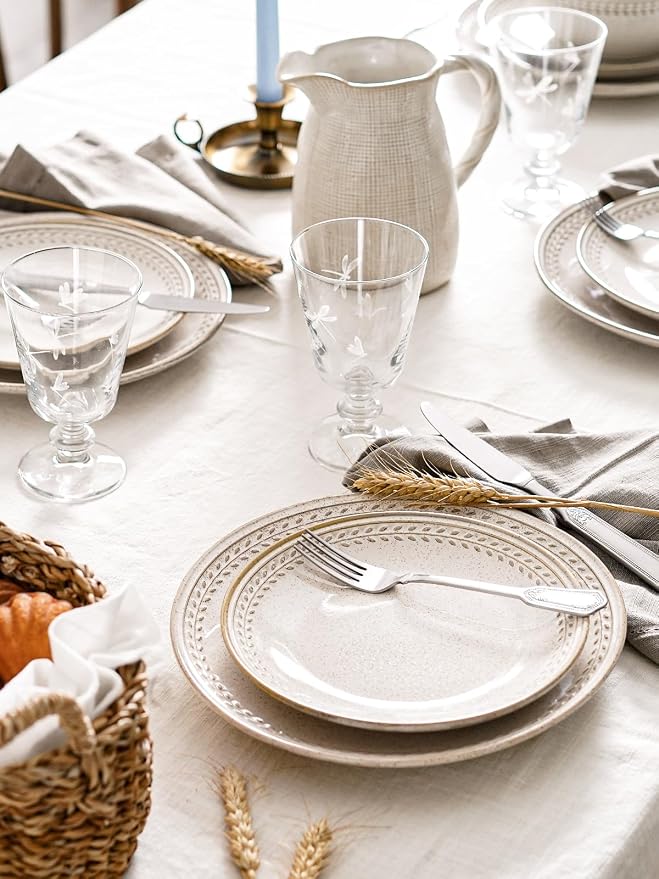 LE TAUCI Dinnerware Sets for 6, 18 Piece Plates and Bowls Sets, Ceramic Kitchen Dish Set, Chip Resistant, Microwave & Dishwasher Safe, Reactive Glaze Beige (8"&10" Plate, 27oz Bowl)