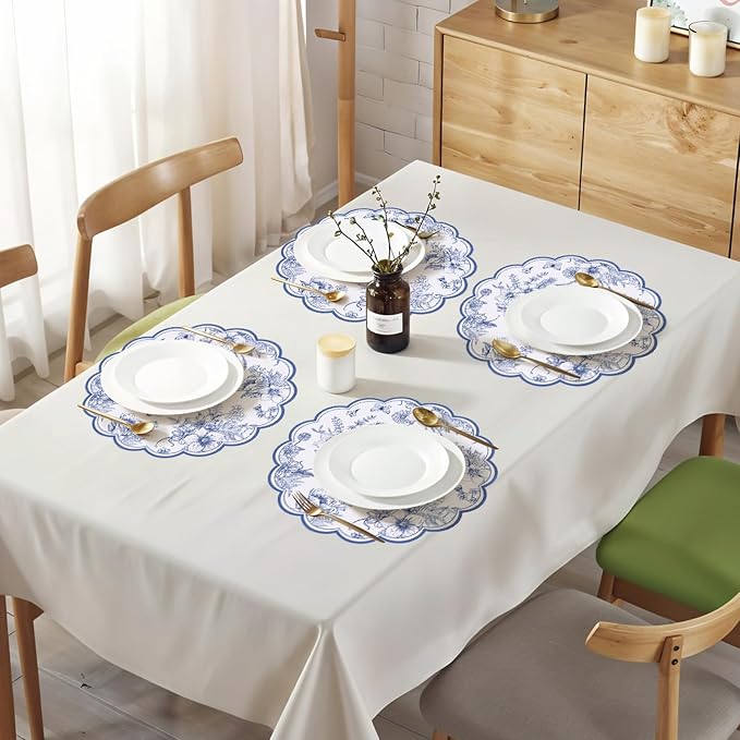 60 Pcs Blue Floral Paper Placemat, 13.5 Inch Disposable Scalloped Table Mat | Wedding Placemats, Vintage Floral Banquet Place Mats for Table Setting Wedding Bridal Tea Party Wildflower Party Decor