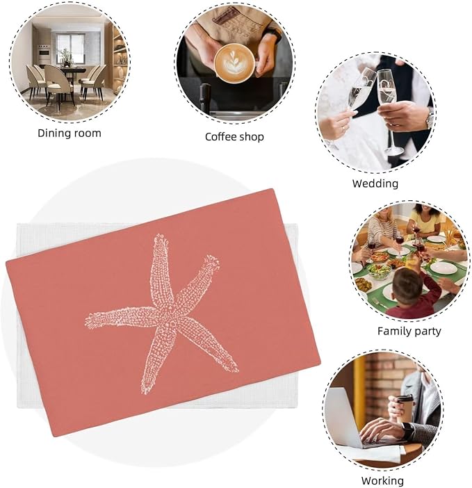 Summer Coastal Placemats Set of 4, Beach Theme Ocean Coral Starfish Decorative Table Mat 12 x 18 Inch Heat Resistant Non Slip Line Fabric Nautical Place mat for Dining Table