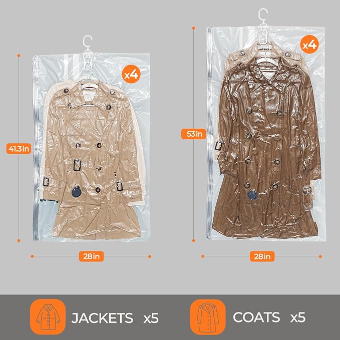 Vacbird Hanging Vacuum Storage Bags for Clothing 8 Pack Hanging Vacuum Seal Bags for Clothing Suit Bags Closet Storage, Hanging Plastic Clothes Cover for Coat, Dress, Fur, Shirt