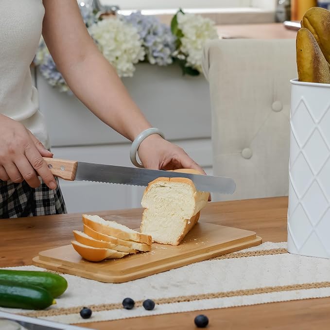Extra Large Rhombus Pattern Embossed Bread Box with Bamboo Lid | Corner Breadbox for Homemade Bread, White Metal Bread Storage Container Bin for Kitchen Countertop, Fits 2 Loaves of Bread