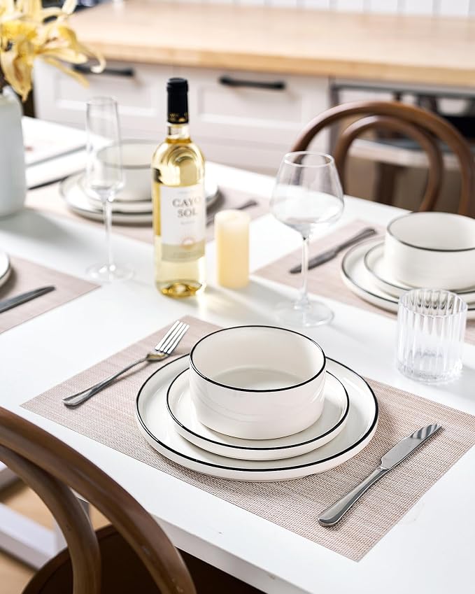 Famiware Porcelain 24-Piece Dinnerware Set, White with Black Trim | Plates and Bowls for 8, Dishwasher & Microwave Safe, Chip & Scratch Resistant, Ideal for Everyday & Formal Use