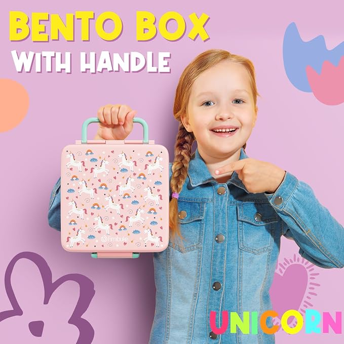 Fimibuke Bento Lunch Box for Kids, Toddler Bento Box with 4 Compartments | Leak Proof BPA Free Dishwasher Safe Lunch Container with Utensils, Ideal Portion Sizes for Ages 3-12 Girls Boys for School