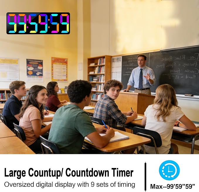 17.2" Bluetooth Digital Wall Clock with Seconds, Large Countdown Timer for Classroom Home Gym Kitchen Office, Alarm Clock with Remote Control, 4 Dimmable Brightness, Auto DST (RGB)