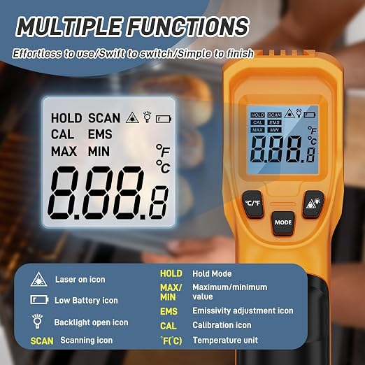 Infrared Thermometer Laser Temperature Gun -58℉ to 1112℉,with Cal Calibration and Adjustable Emissivity,Min& Max Measure,for Cooking,Oven,Meat Food,HVAC,Appliance（Yellow）