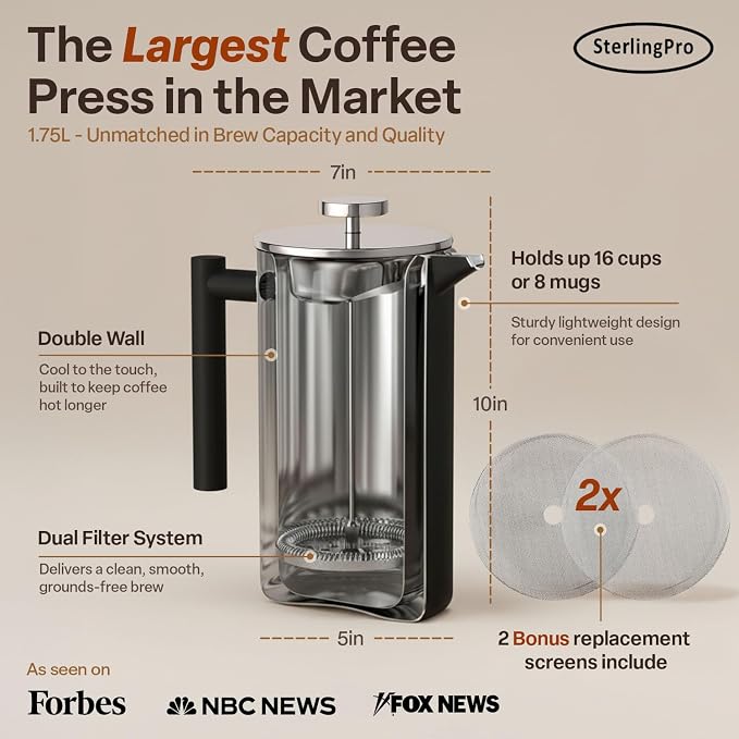SterlingPro Extra Large Insulated Stainless Steel French Press Coffee Maker 59oz – Insulated Metal XL Double Wall Coffee Maker | Plastic Free | Cool-Touch | Black Finish | Makes up to 16 Cups/8 Mugs