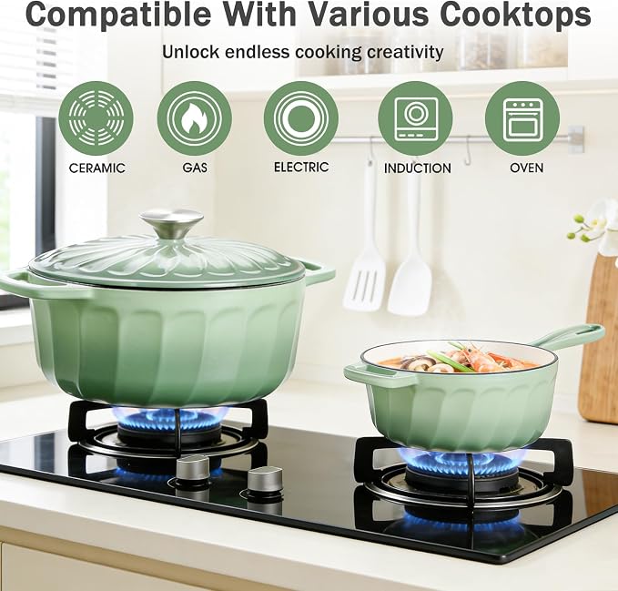 Enameled Cast Iron Sauce Pan, 2 Quart Saucepan with Lid, Small Cast Iron Pot Enamel Saucepan for Cooking Pasta Sauce, Gravy, Puddings, Marinate, Boiling (Fig Green)